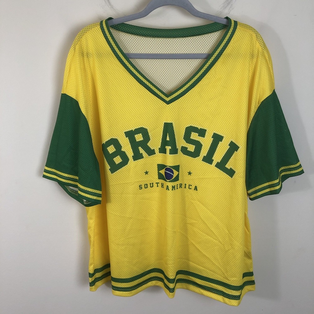 Brazil Shien V Neck Oversized Jersey Shirt Women's XL Yellow Soccer Style Top
